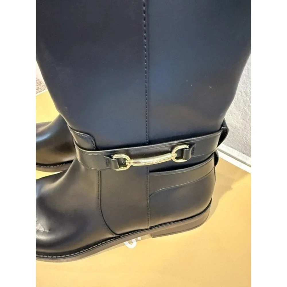 Michael Kors Women Black Carson Tall Flat Riding Boots Gold Bit Faux Leather 9M